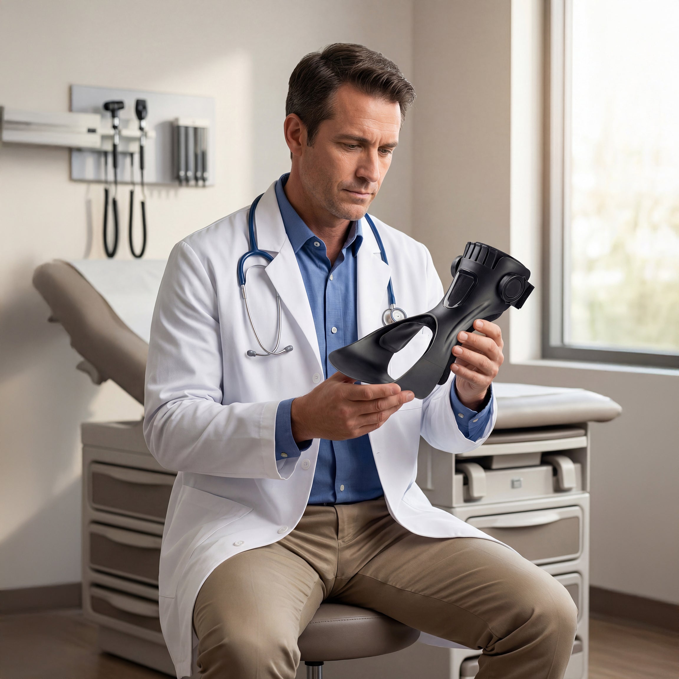 Doctor holding the Cedrow foot-drop brace