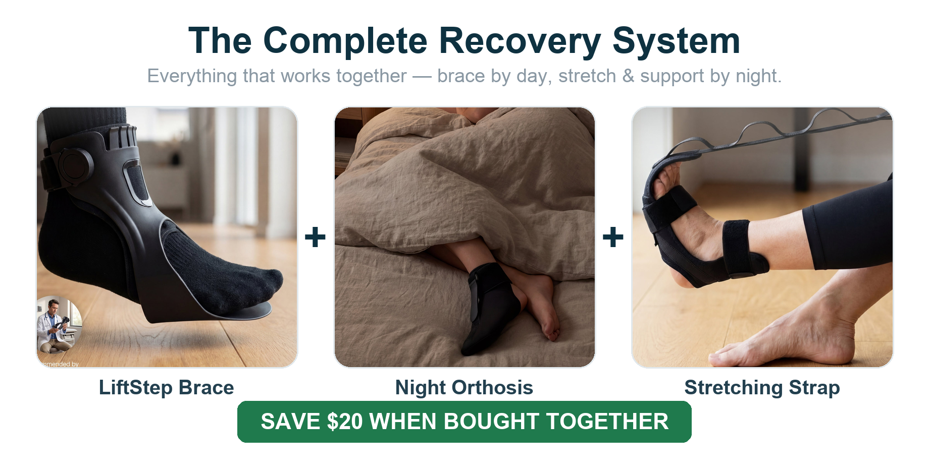 What's in the Cedrow Recovery Kit: LiftStep Brace, Night Orthosis, Stretching Strap